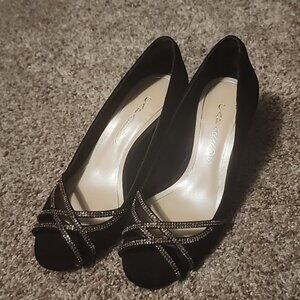 Caparros Eliza Black Satin Peep-Toe Pumps | Size 7